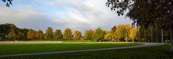 Queens Park Autumn sun and shadow This landscape photograph captures Queen's Park in the United Kingdom during an early autumn morning. The main subject of the image is the natural beauty of Queen's Park, with rows of deciduous trees displaying shades of green, yellow, and orange under the soft autumn sunlight. There are distinct patches of sun and shadow across the open grassy areas, emphasising the changing light typical of autumn mornings. Curved paved paths cross the park, guiding visitors through its well-maintained grounds. The photograph highlights the harmonious blend of paths, trees, and open spaces, all central to nature in this prominent United Kingdom park.